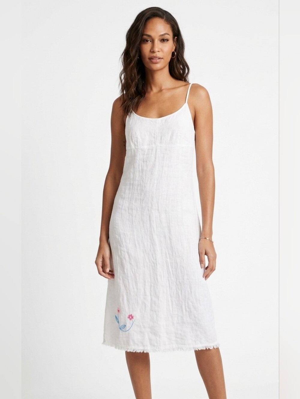Naf Naf | Linen Dress with Embellishments and Fringed Hem